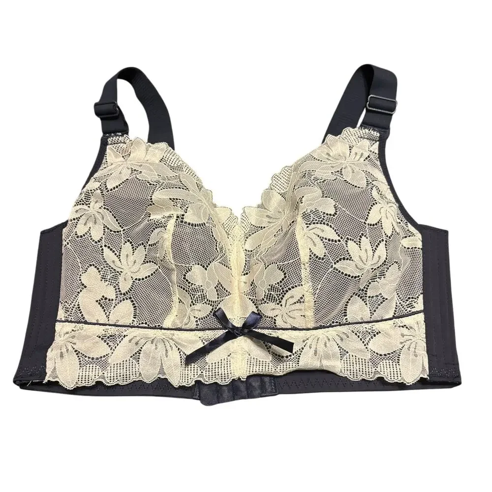 Agnes Orinda Navy Blue & Cream Lace Wire Free 4 Hook Bra Size 40D